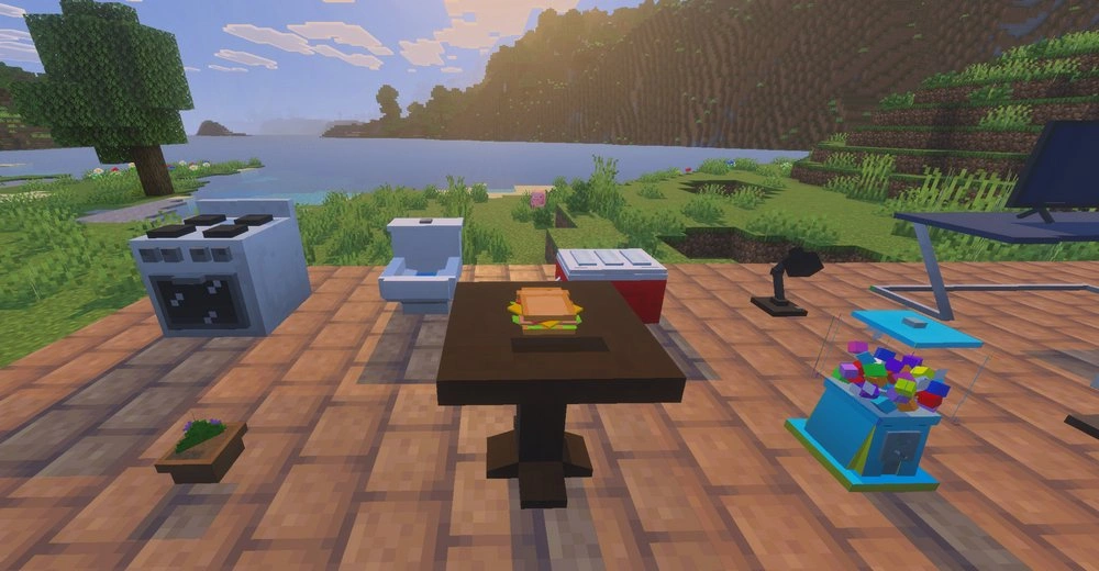 Table, burger, stove, candy machine, toilet